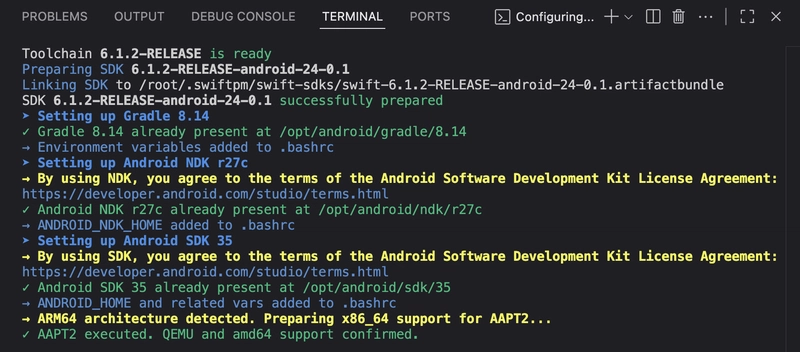 Swift Stream IDE Android Library DevContainer successfully started